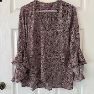 Vince Camuto Pink and Black Dotted Ruffle-Sleeve V-Neck Blouse